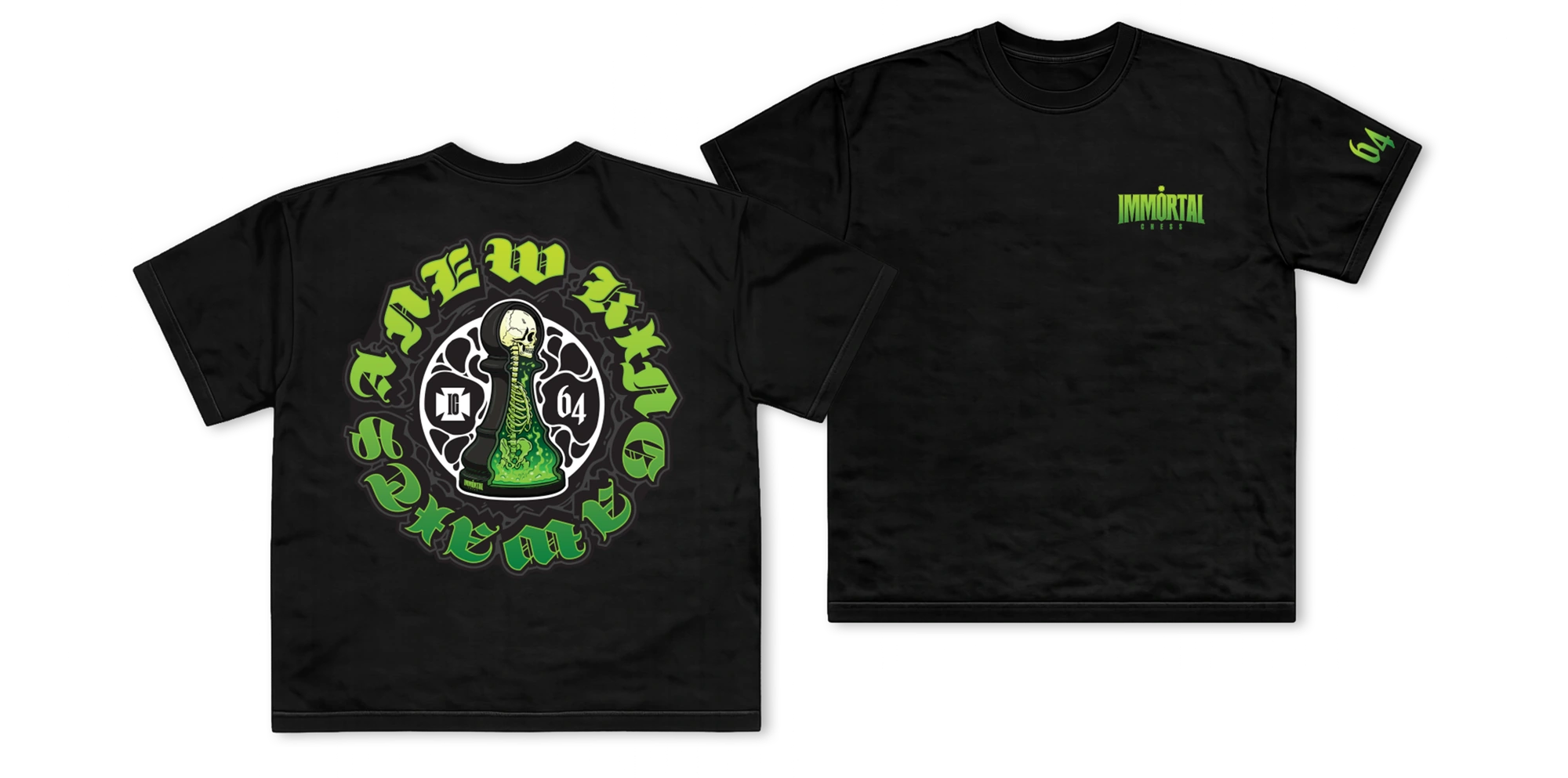 Black IMMORTAL T-shirt mockup showing the green dissected-pawn back graphic, chest logo, and 64 sleeve print