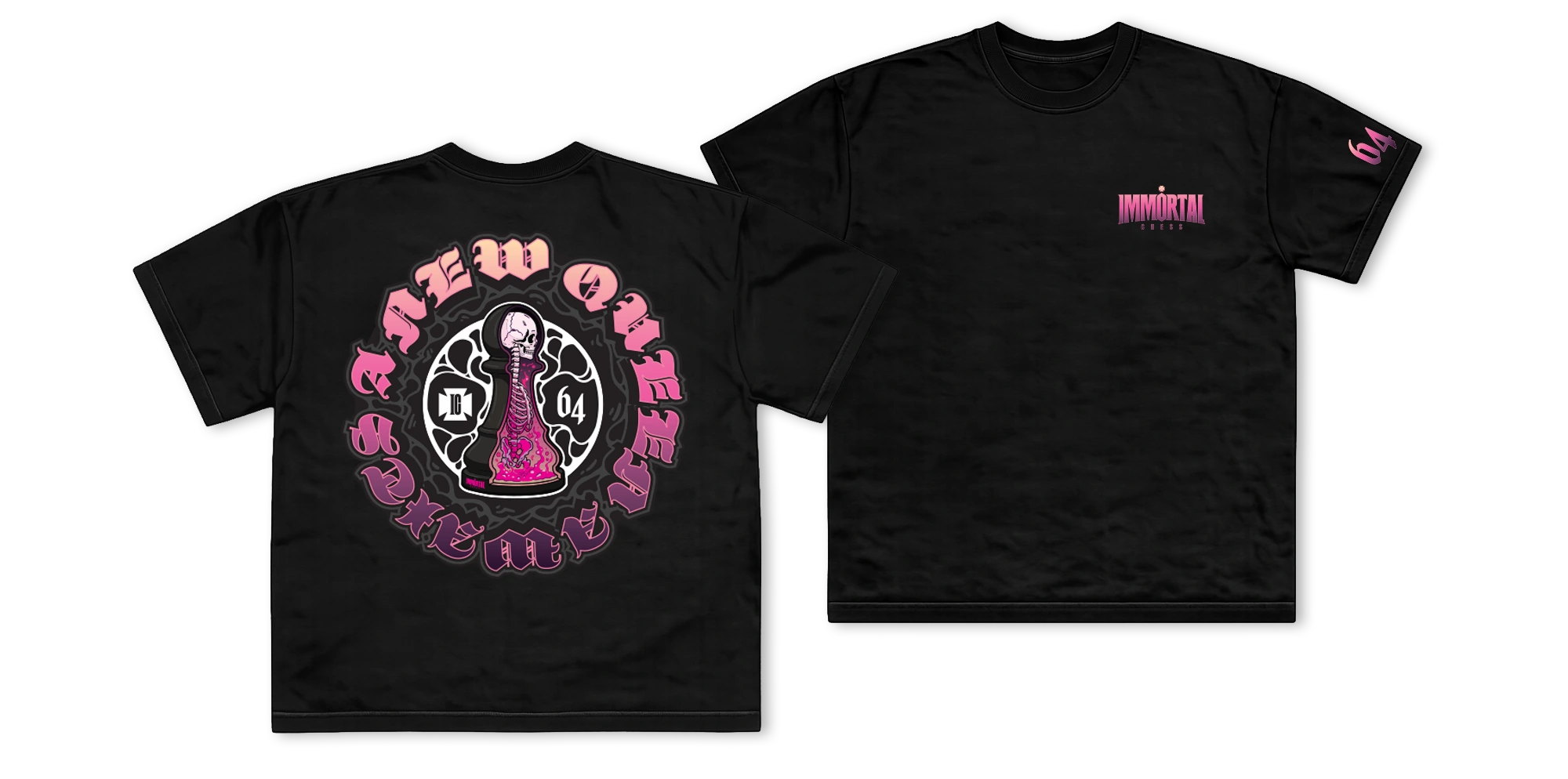 Black IMMORTAL T-shirt mockup showing the pink dissected-pawn back graphic, chest logo, and 64 sleeve print