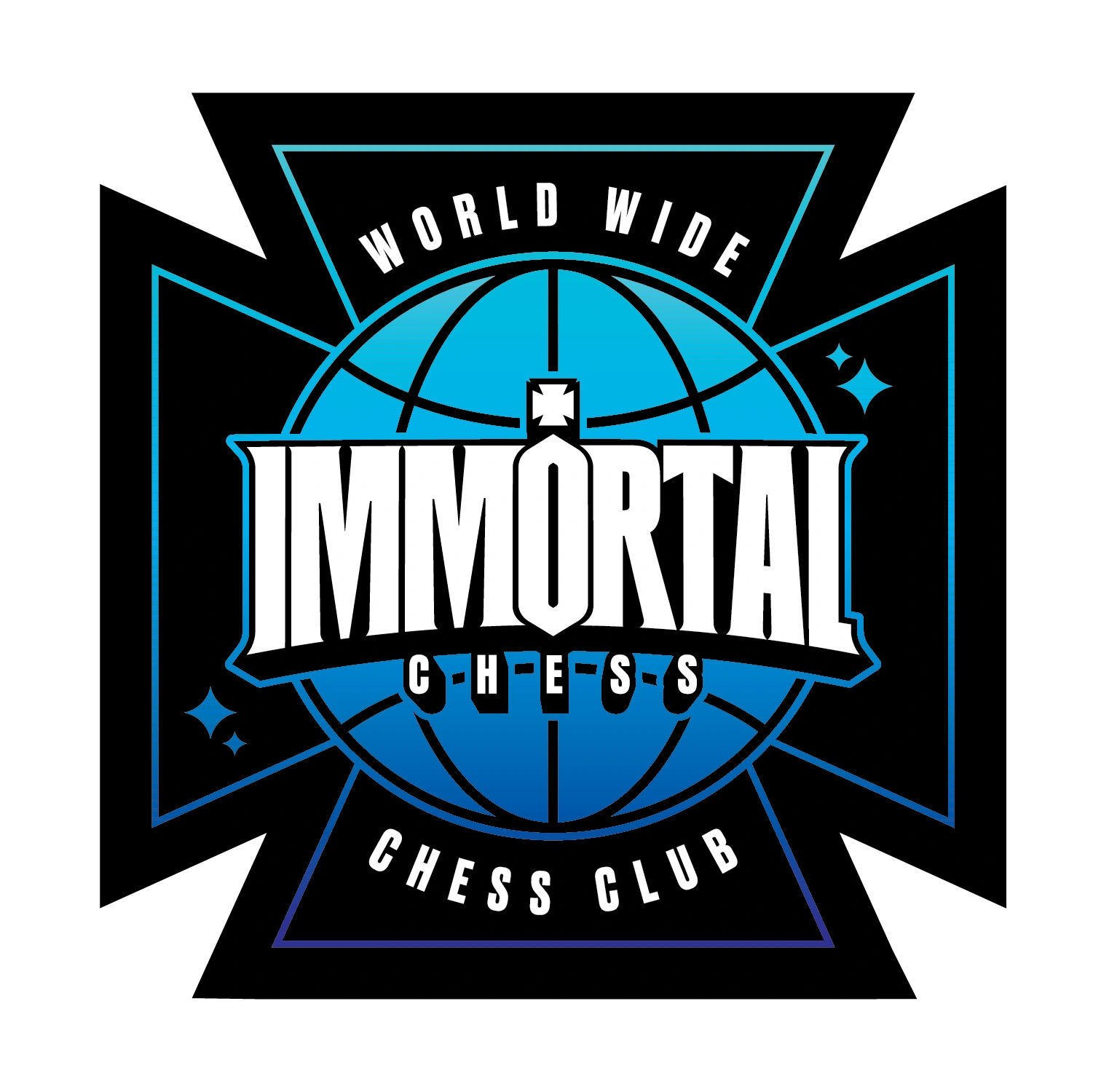 IMMORTAL World Wide Chess Club globe and cross graphic in the blue colorway