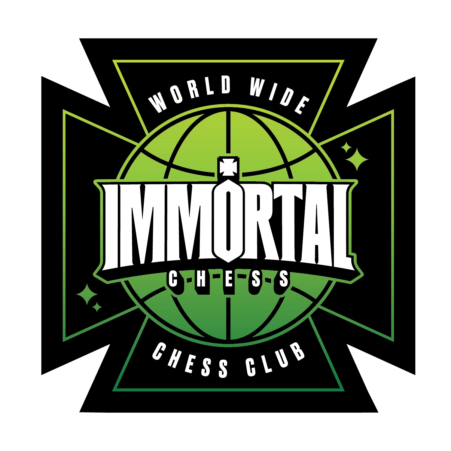 IMMORTAL World Wide Chess Club globe and cross graphic in the green colorway