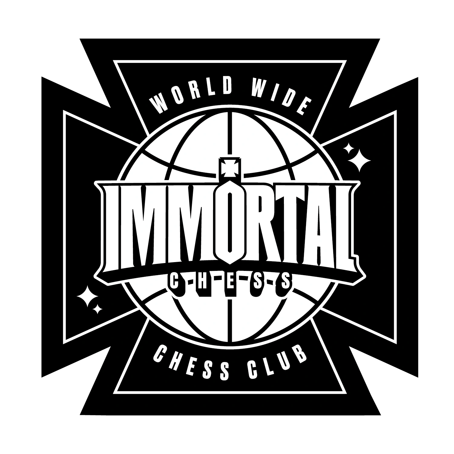 IMMORTAL World Wide Chess Club globe and cross graphic in the black & white colorway