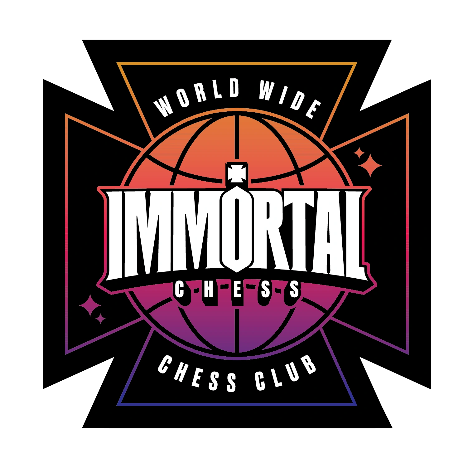 IMMORTAL World Wide Chess Club globe and cross graphic in the sunset colorway