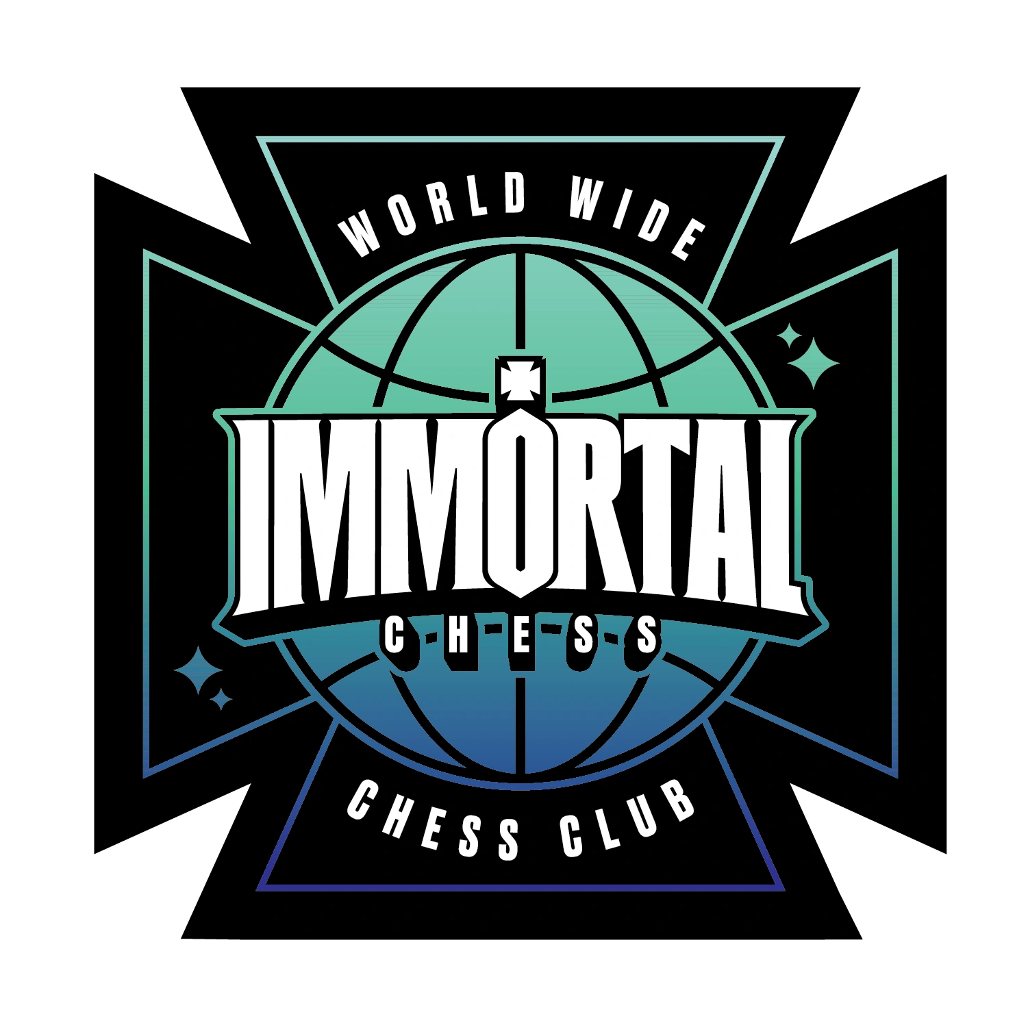 IMMORTAL World Wide Chess Club globe and cross graphic in the teal colorway