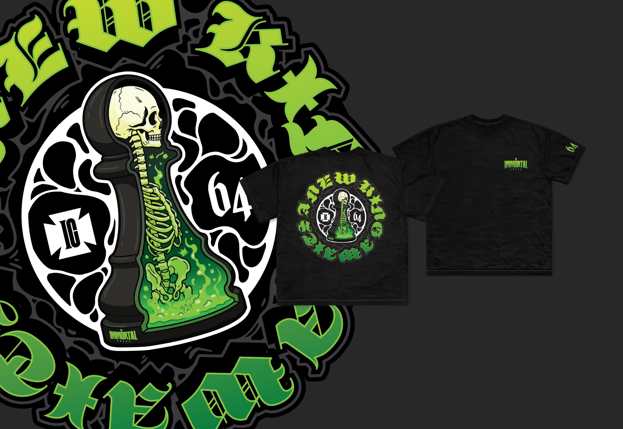 IMMORTAL CHESS dissected-pawn illustration with front and back black T-shirt mockups