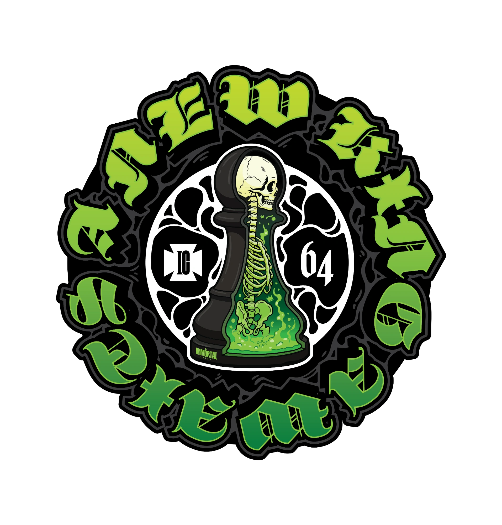 Green dissected chess pawn with a visible skeleton, circular blackletter lettering, and IC and 64 marks