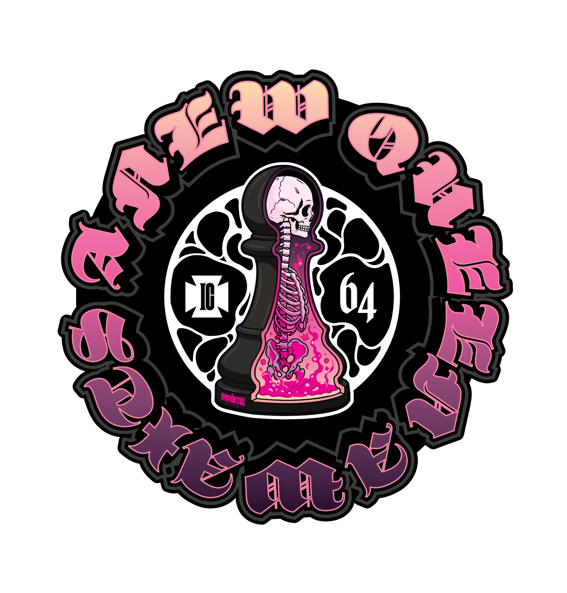 Pink dissected chess pawn with a visible skeleton and circular A new queen awaits lettering