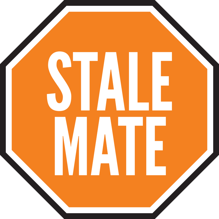 Orange octagonal STALE MATE sign with a white border