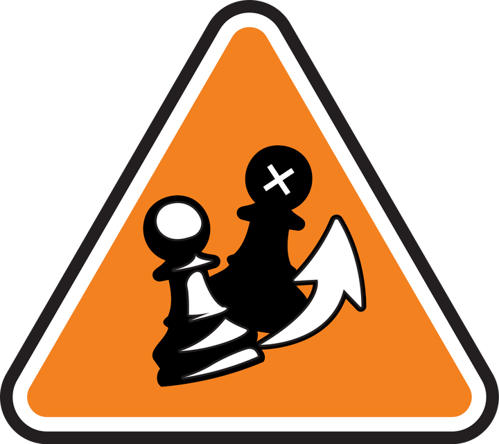 Orange triangular sign showing a pawn capturing another pawn with a curved arrow