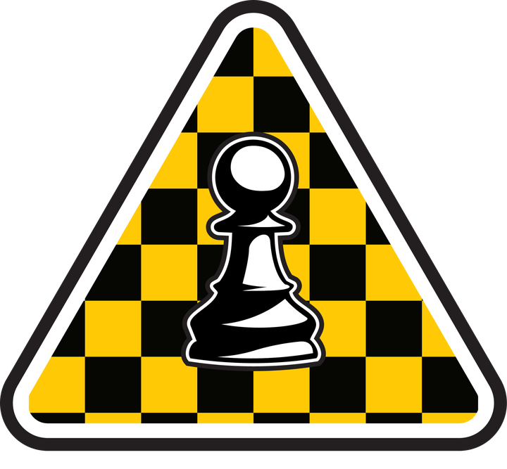 Triangular black and yellow checkerboard sign with a white pawn