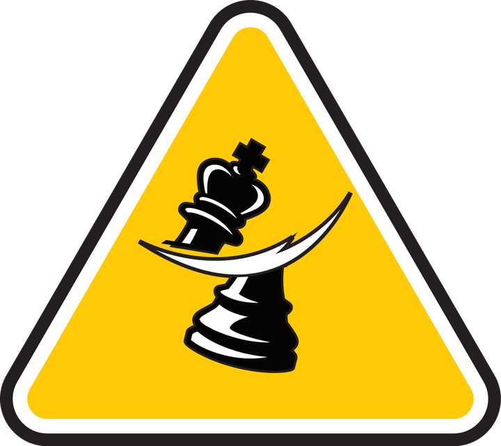 Yellow triangular warning sign with a tilted king and sweeping line