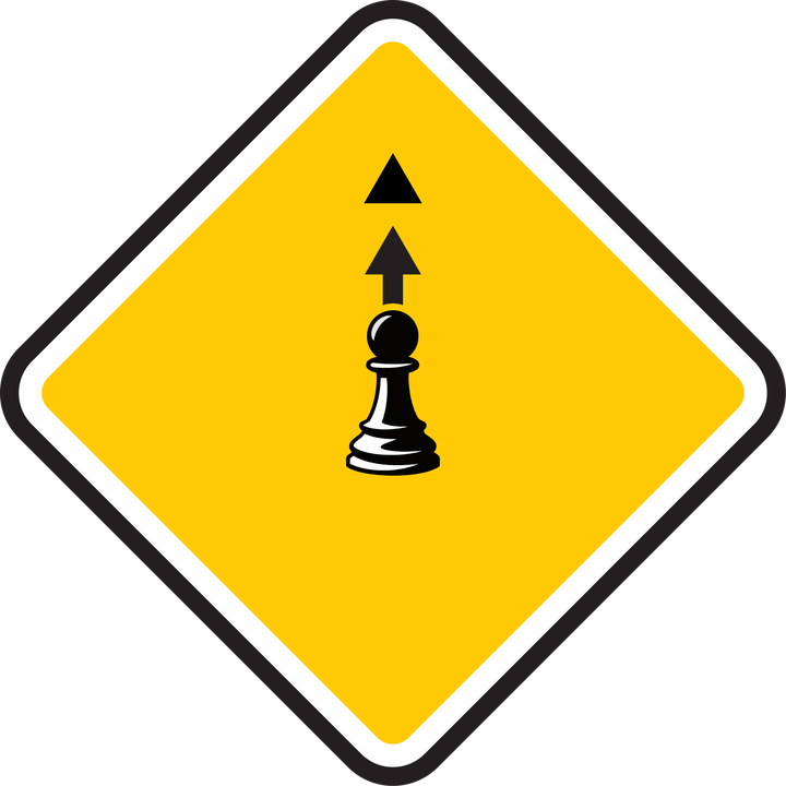 Yellow diamond sign with a pawn and forward arrows