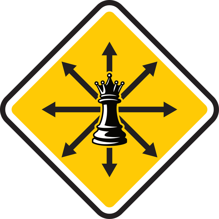 Yellow diamond sign with a queen and arrows in eight directions