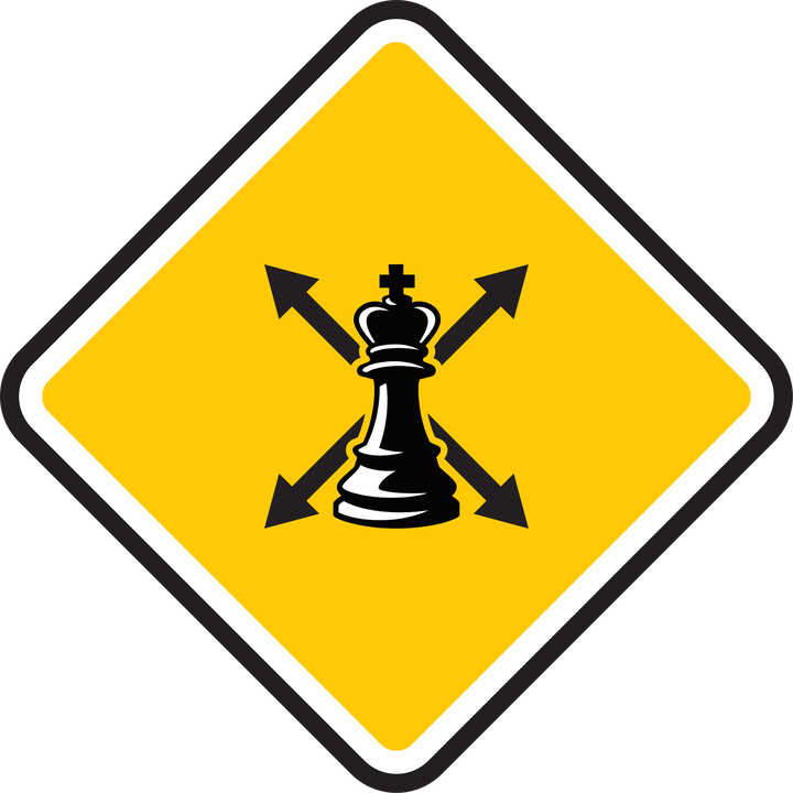 Yellow diamond sign with a king and diagonal arrows