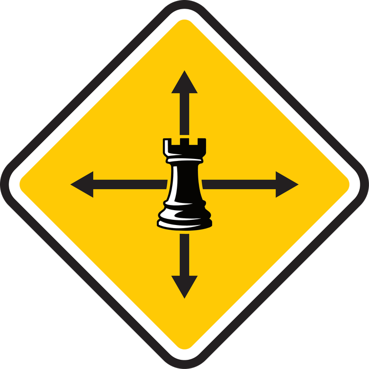 Yellow diamond sign with a rook and horizontal and vertical arrows