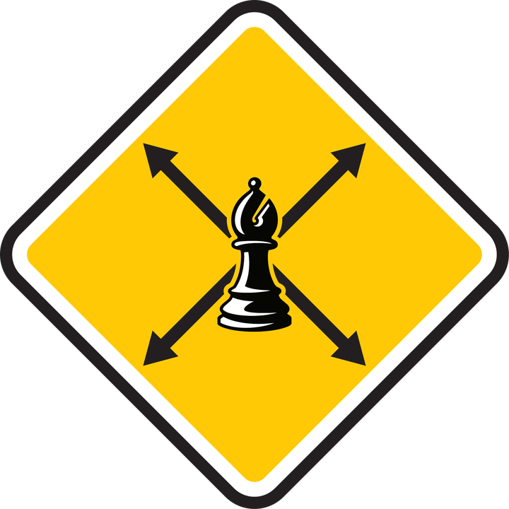 Yellow diamond sign with a bishop and diagonal arrows