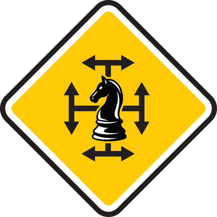 Yellow diamond sign with a knight and directional arrows