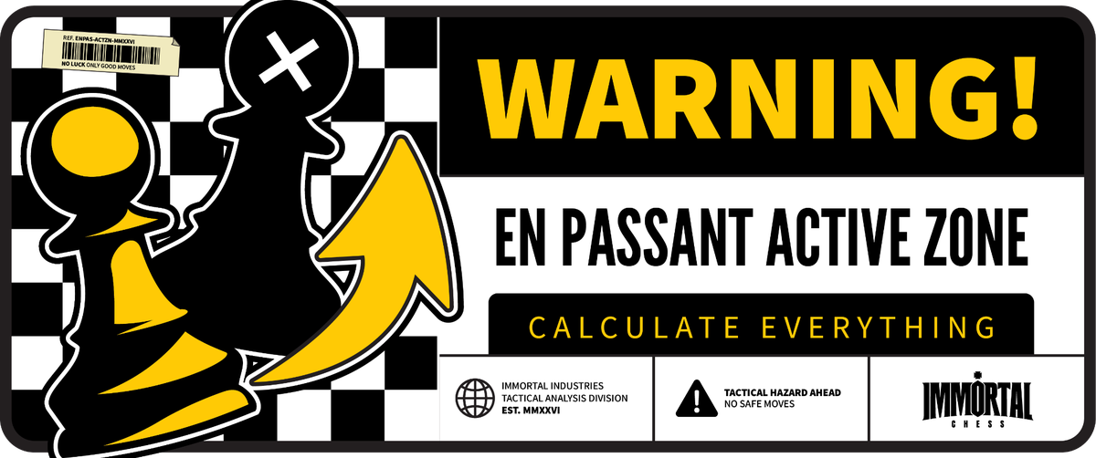 Checkerboard warning banner with an en passant illustration and Calculate everything tagline