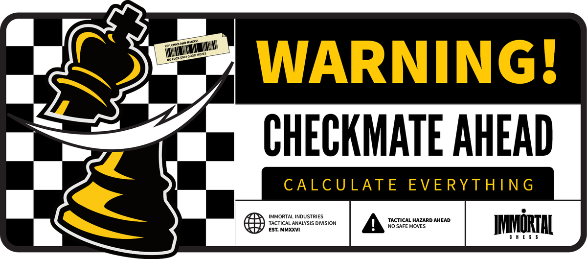 Checkerboard warning banner with a tilted king and Checkmate Ahead lettering