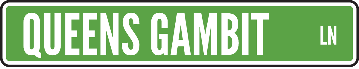 Green street sign reading Queens Gambit Ln