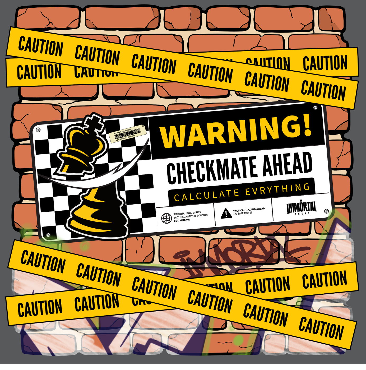 Illustrated brick wall with graffiti, yellow caution tape and a Checkmate Ahead warning banner