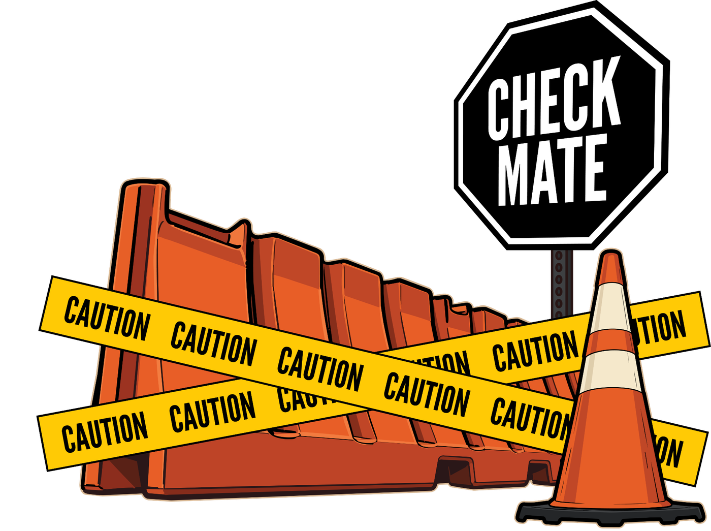 Orange barriers and a traffic cone wrapped in yellow caution tape beneath a black Check Mate sign