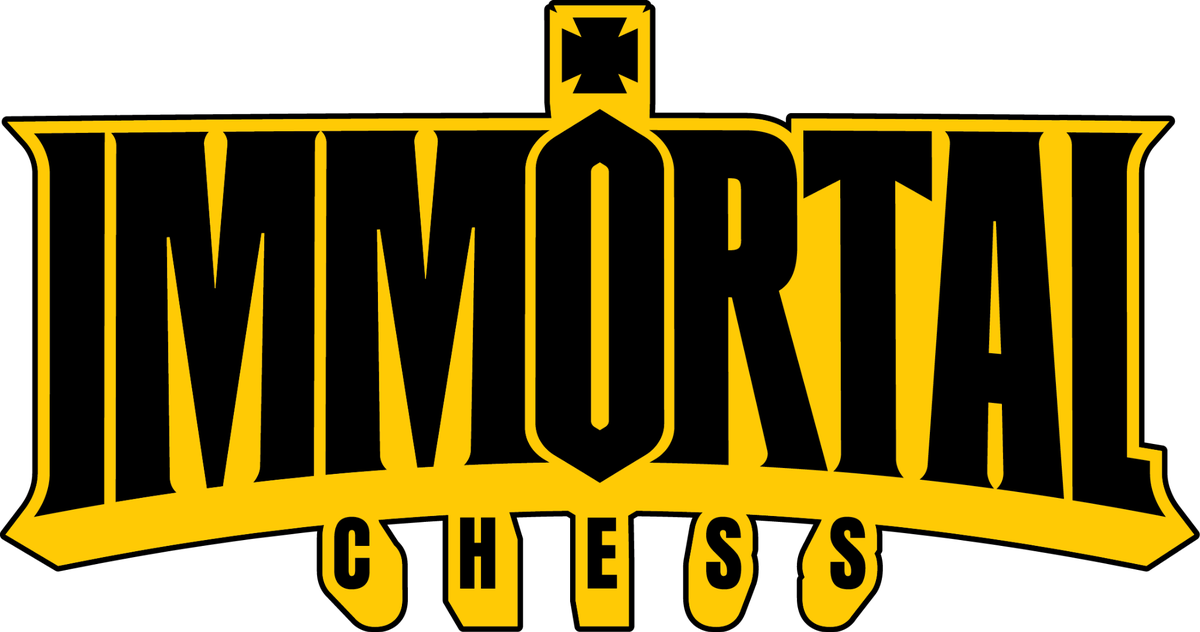 Dimensional black and yellow IMMORTAL CHESS wordmark