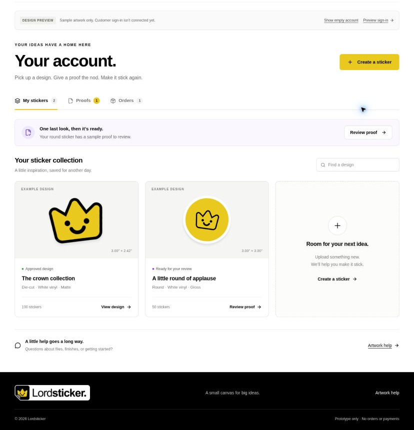Customer account with designs and proofs