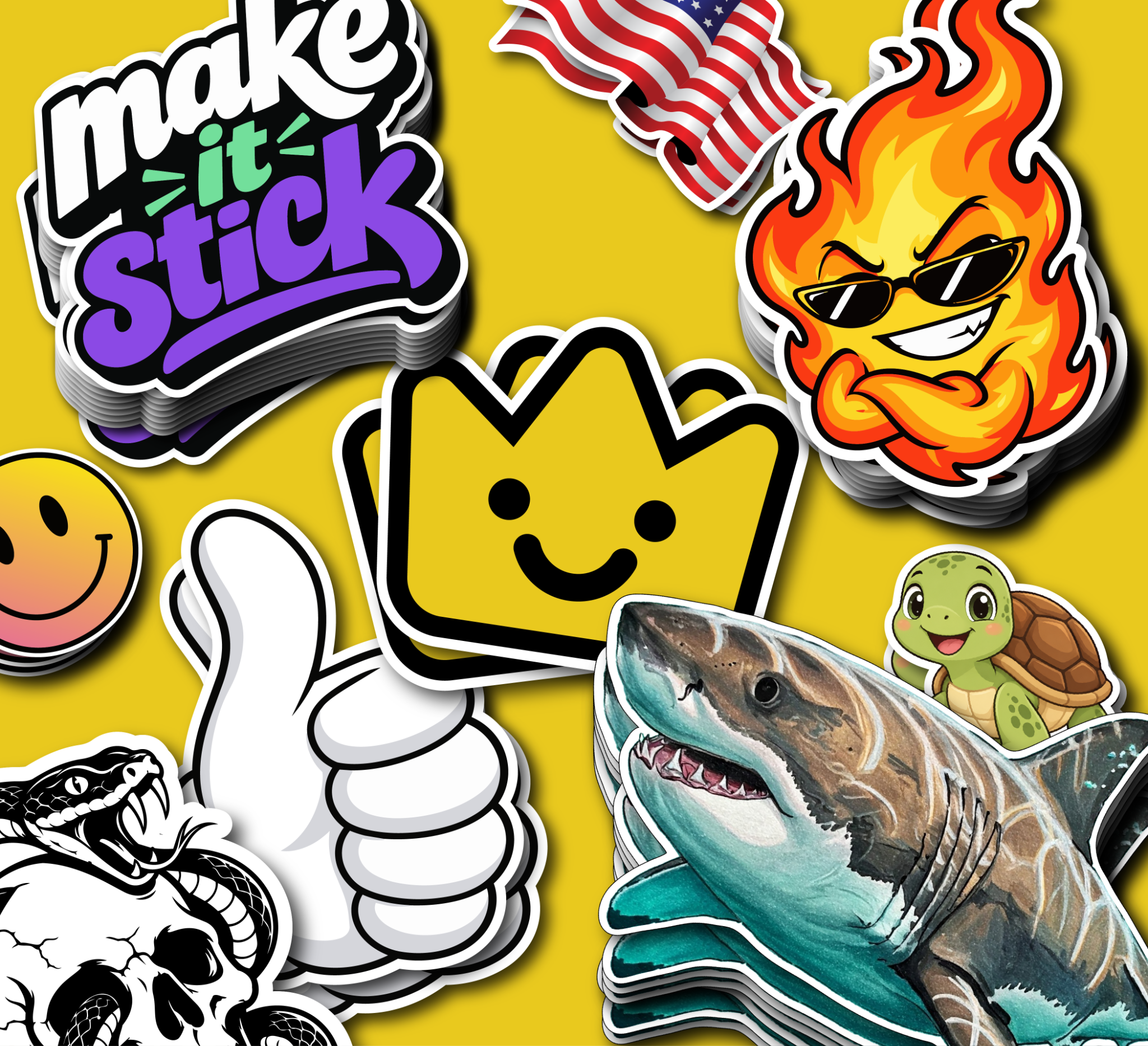 Lordsticker sticker collage with a smiling crown, Make it Stick lettering, flame character and shark on yellow