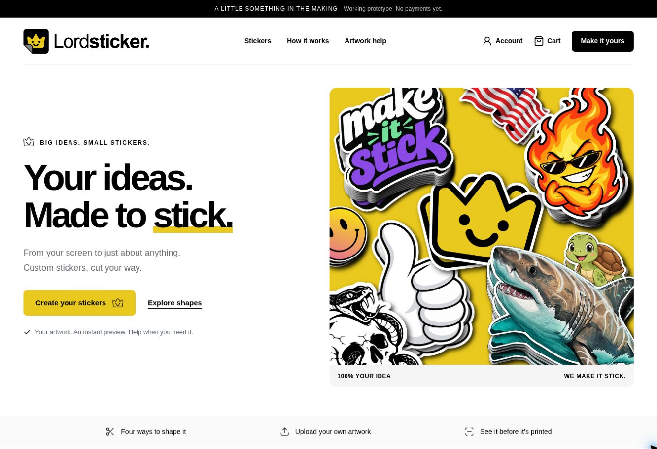 Current Lordsticker homepage desktop layout