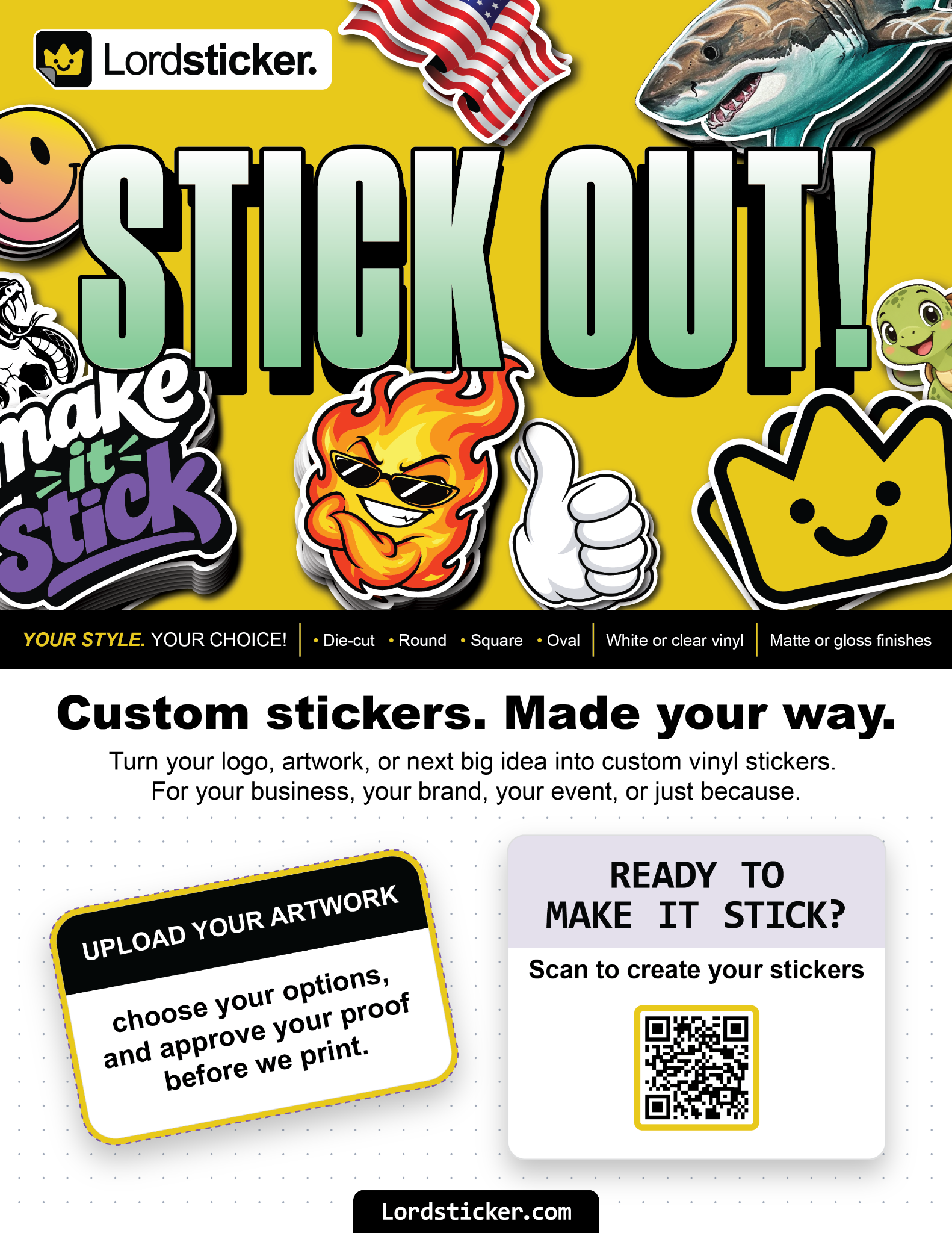 Lordsticker Stick Out promotional flyer with colorful sticker artwork, product options, and a QR code